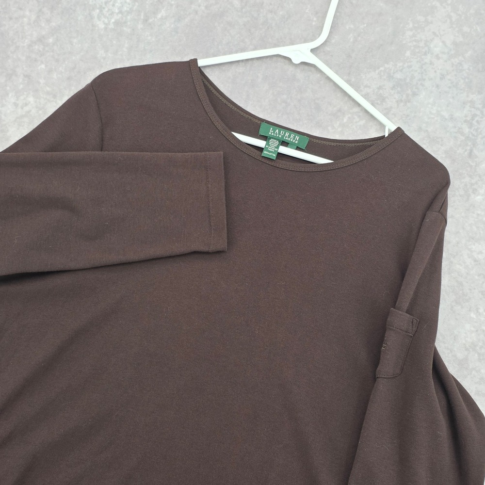 Lauren Ralph Lauren Womens XL Brown Scoop Neck Top Long Sleeve RLL Pocket Cotton